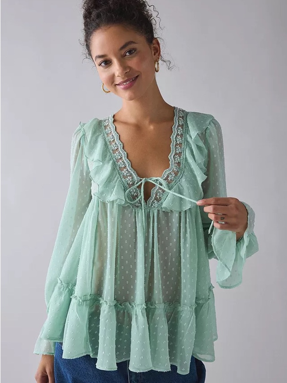 Kimchi Blue Mint Sheer Swiss Dot Ruffle Tie-Front Babydoll Top
